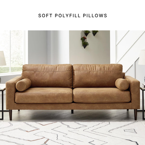 Faux Leather Sofa with Bolster Pillows & Wood Accent Legs, Dark Brown