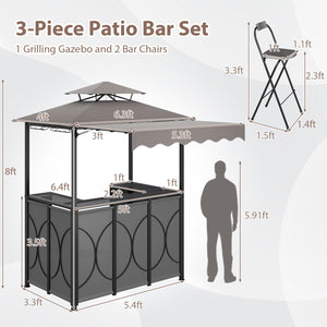 Outdoor Grill Gazebo Bar Set with Awning & 2 Foldable Bar Stools