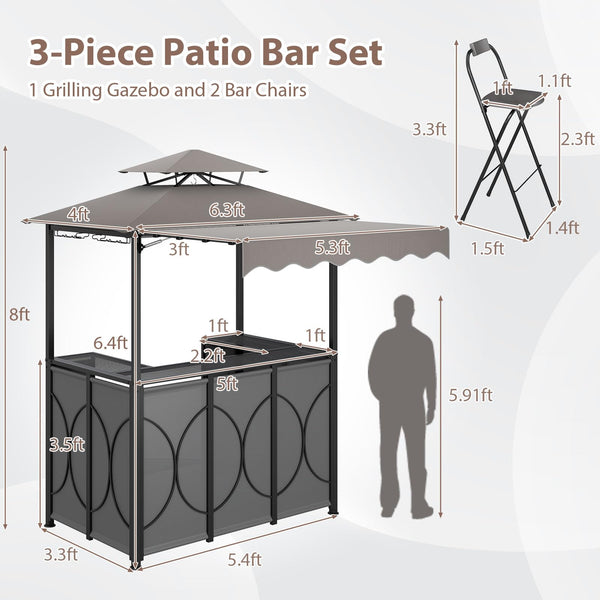 Outdoor Grill Gazebo Bar Set with Awning & 2 Foldable Bar Stools