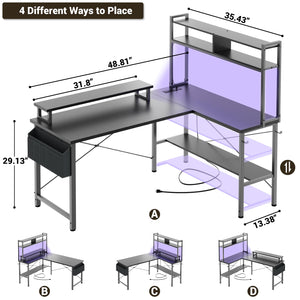 L-Shaped Gaming & Home Office Desk with Power Outlets, LED Lights & Monitor Stand