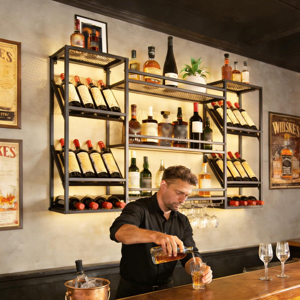 Wall Mounted Wine Rack with Glass Holder & Floating Bar Shelves