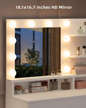 Makeup Vanity Table with HD Mirror, LED Bulbs, Drawers & Stool