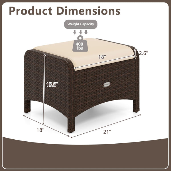 Outdoor PE Rattan Ottoman Set of 2 with Removable Cushions