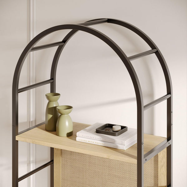 4-Tier Arched Bookshelf with Rattan Backing