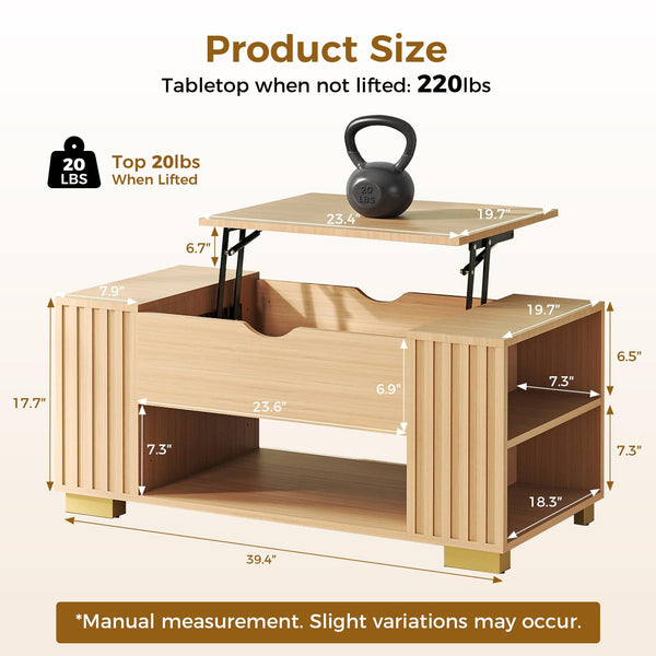 Lift Top Coffee Table with Hidden Storage & Adjustable Shelves