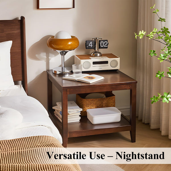 Solid Wood Square Side Table with Storage Shelf