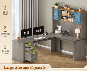 L-Shaped Executive Office Desk with Hutch, Drawers & Power Outlets – 68.9"