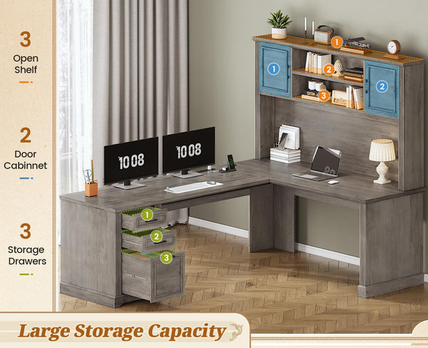 L-Shaped Executive Office Desk with Hutch, Drawers & Power Outlets – 68.9"