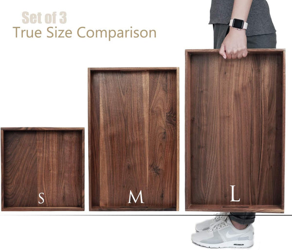 Walnut Wood Ottoman Serving Tray Set of 3 with Handles