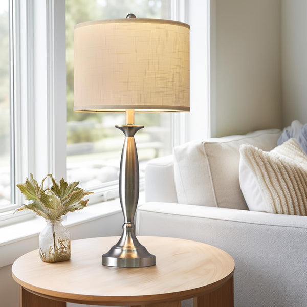 Modern Table Lamps Set of 2 with USB A+C Charging Ports – Brushed Steel Bedside Lamps with Fabric Drum Shade