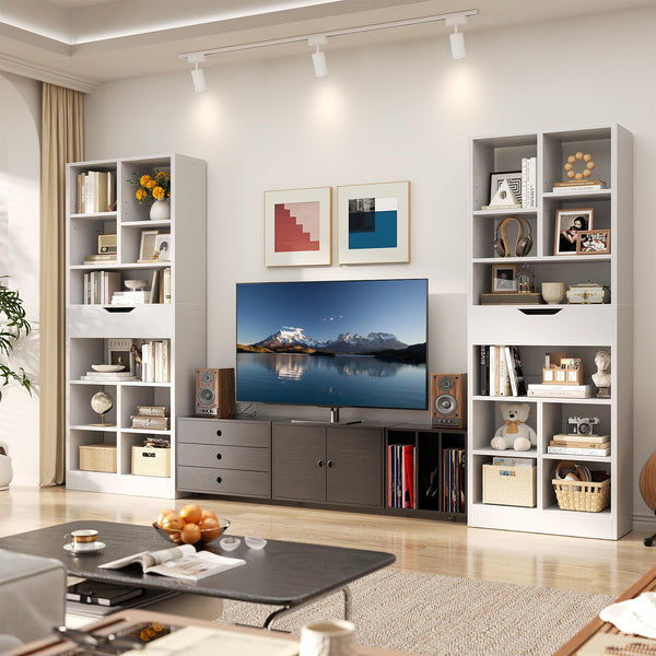 8-Tier Tall Narrow Bookshelf with Drawer