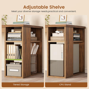 L-Shaped Farmhouse Desk with Drawers, Power Outlets & Storage Shelves