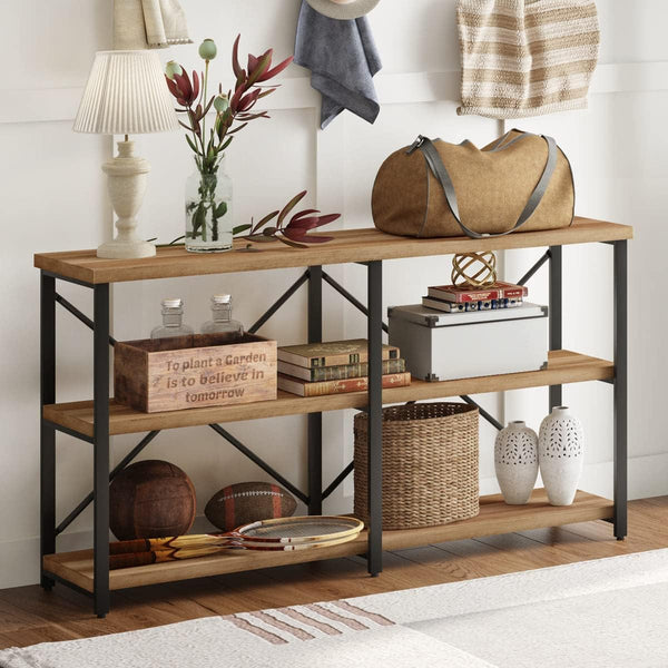 Industrial Console Table with Shelves – 55 Inch Vintage Oak