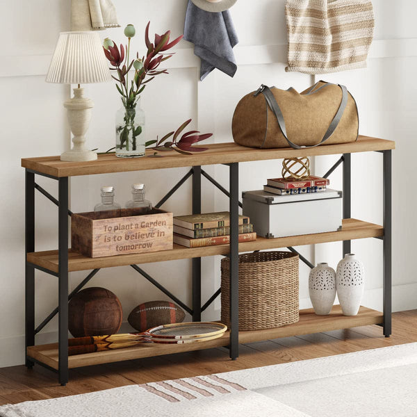 Industrial Console Table with Shelves – 55 Inch Vintage Oak