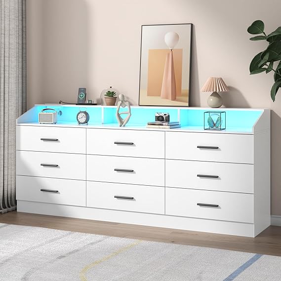 9-Drawer Dresser with LED Lights & Charging Station