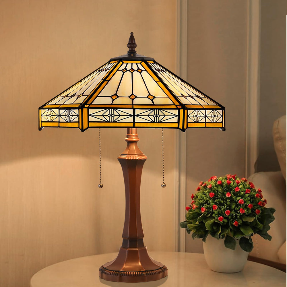 Capulina Tiffany Lamp Stained Glass Table Lamp 2-Light 16x16x24 Inches Cream Hexagon Tiffany Style Reading Desk Lamp Decor for Home Office Bedroom Living Room