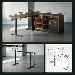 67" L-Shaped Electric Standing Desk with File Cabinets