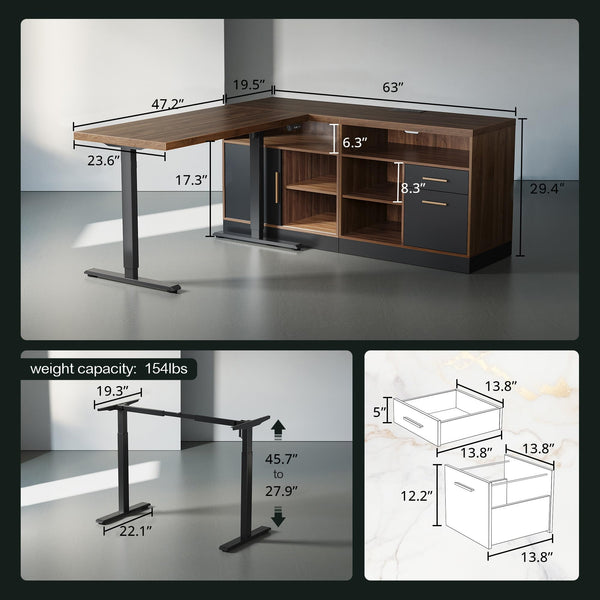 67" L-Shaped Electric Standing Desk with File Cabinets