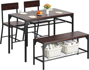 4-Piece Dining Table Set with Bench, 2 Chairs & Storage Rack