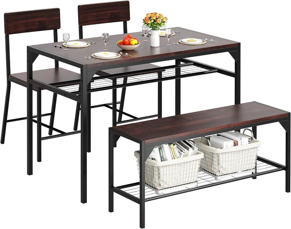 4-Piece Dining Table Set with Bench, 2 Chairs & Storage Rack