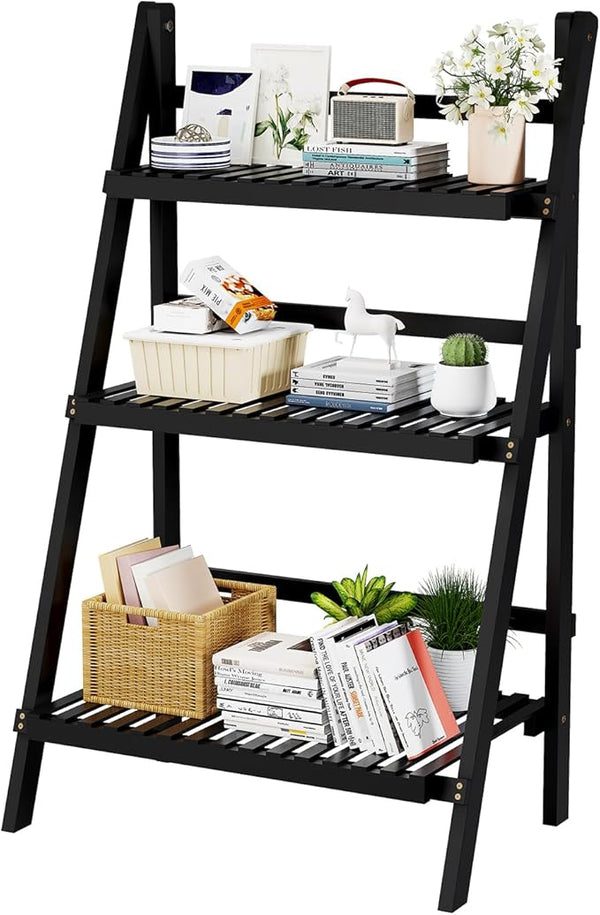 4-Tier Bamboo Ladder Bookshelf with Drawers & Hooks