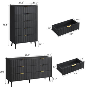 2-Piece Black Fluted Dresser Set with 11 Drawers