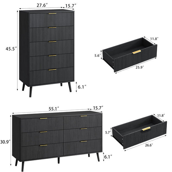 2-Piece Black Fluted Dresser Set with 11 Drawers