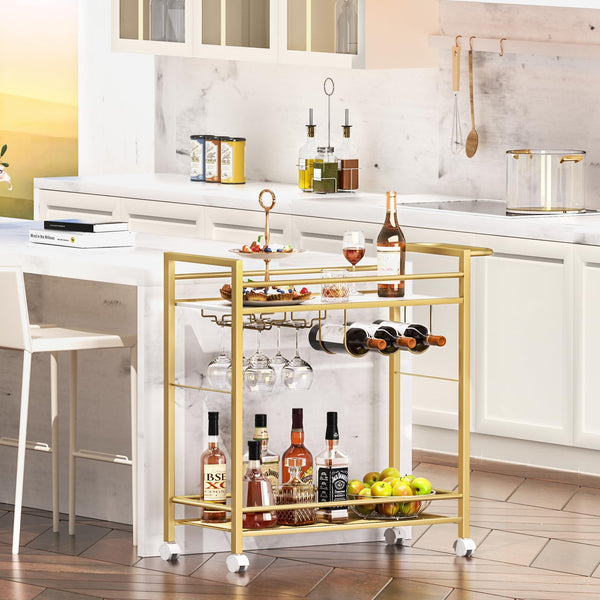 2-Tier Rolling Bar Cart with Wine Rack