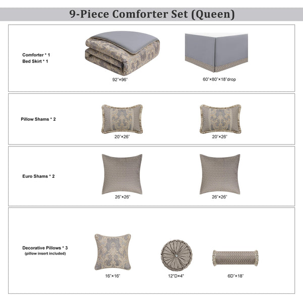 9-Piece Jacquard Comforter Set – Gray & Beige Brown Damask
