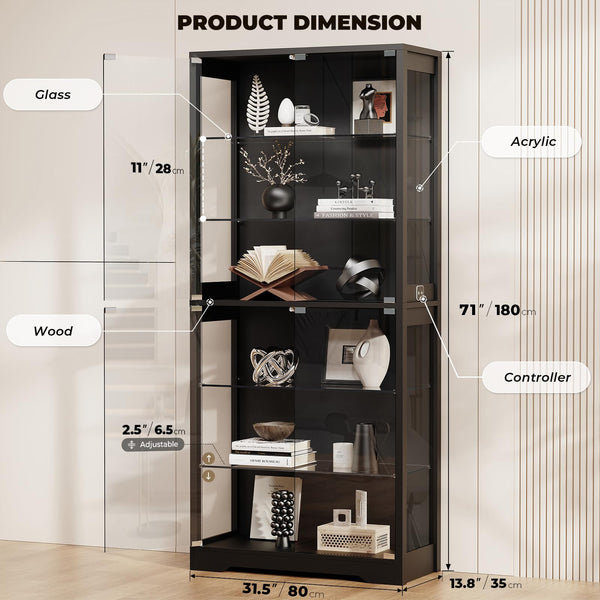 6-Tier Glass Display Cabinet with LED Lights & Motion Sensor
