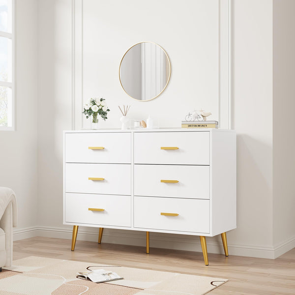 6-Drawer Dresser with Gold Handles | Modern Wooden Chest for Bedroom
