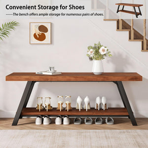 Rustic Wood Entryway Bench with Storage Shelf