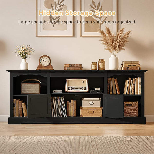 LUCKLIFE 71" TV Stand for TVs up to 80 Inch,Modern Farmhouse Entertainment Center with Arched Cabinet Doors & Open Adjustable Storage Shelves,Media Console Table for Living Room (Black, 71 inch)