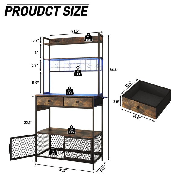 5-Tier Bakers Rack with Power Outlet, LED Lights & Drawers