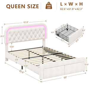 Queen Upholstered Bed Frame with LED Lights & Storage Drawers