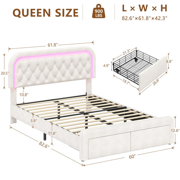 Queen Upholstered Bed Frame with LED Lights & Storage Drawers