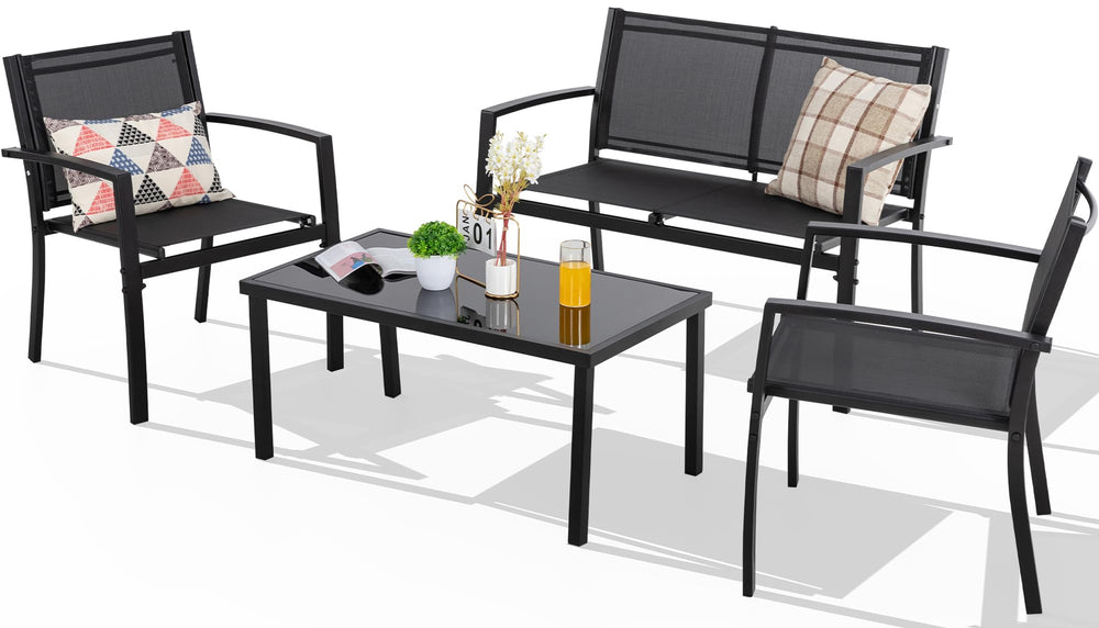 4-Piece Outdoor Patio Furniture Set with Glass Coffee Table