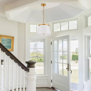 Cream White Fabric Drum Pendant Light – 3-Light Chandelier with Antique Brass Finish
