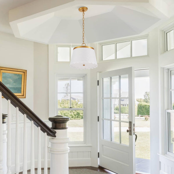 Cream White Fabric Drum Pendant Light – 3-Light Chandelier with Antique Brass Finish