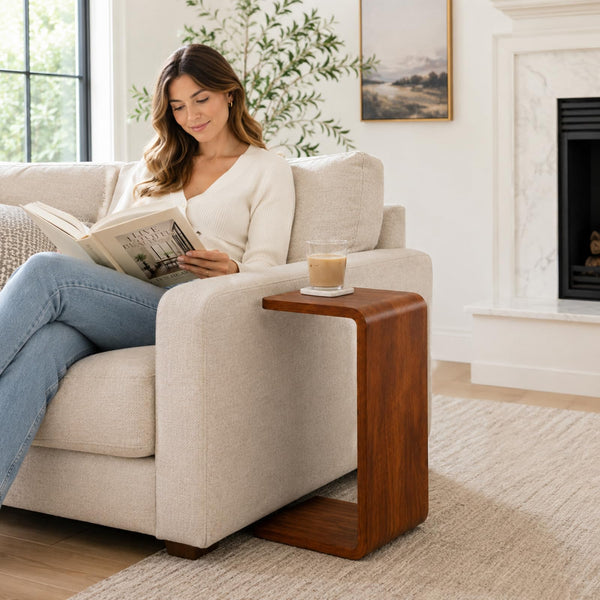 C Shaped End Table with Flip Top - Solid Wood Couch Side Table