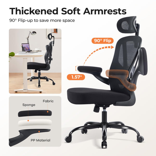 Ergonomic Mesh High Back Office Chair with Lumbar Support & Flip-Up Armrests