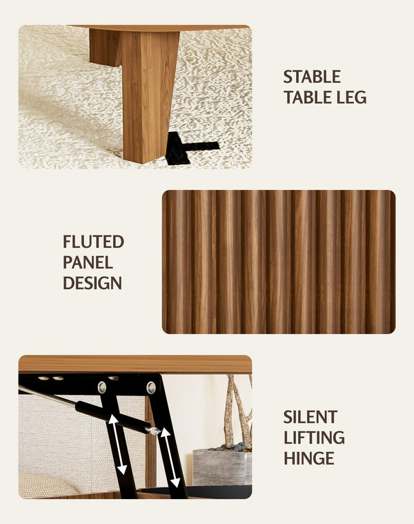 Oval Lift-Top Coffee Table with Fluted Wood & Hidden Storage