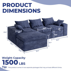 Modular Cloud Sectional Sofa with Ottoman – L-Shape, 3-Seater, Blue