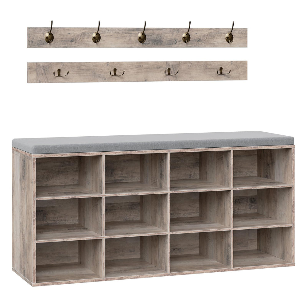 Entryway Shoe Storage Bench with Cushion & Coat Rack, 12 Cubbies, 330 lb Capacity