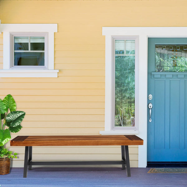 Acacia Wood Outdoor Bench with Metal Legs