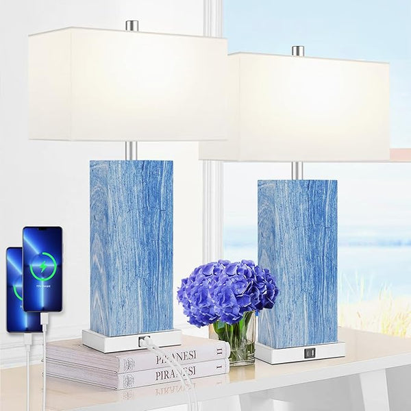 24" Black Touch Table Lamp Set of 2 with USB Ports & 3-Way Dimmable