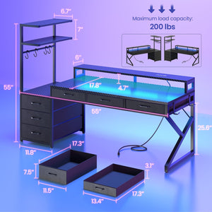 L-Shaped Gaming Desk with 6 Drawers, LED Lights & Power Outlet