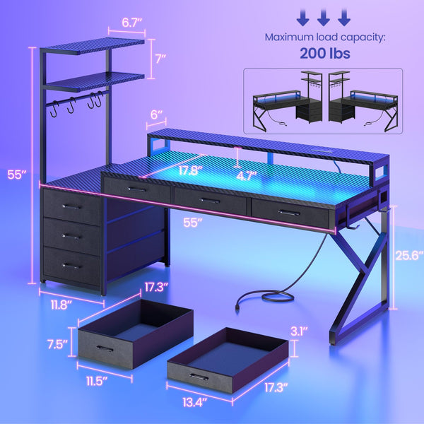 L-Shaped Gaming Desk with 6 Drawers, LED Lights & Power Outlet
