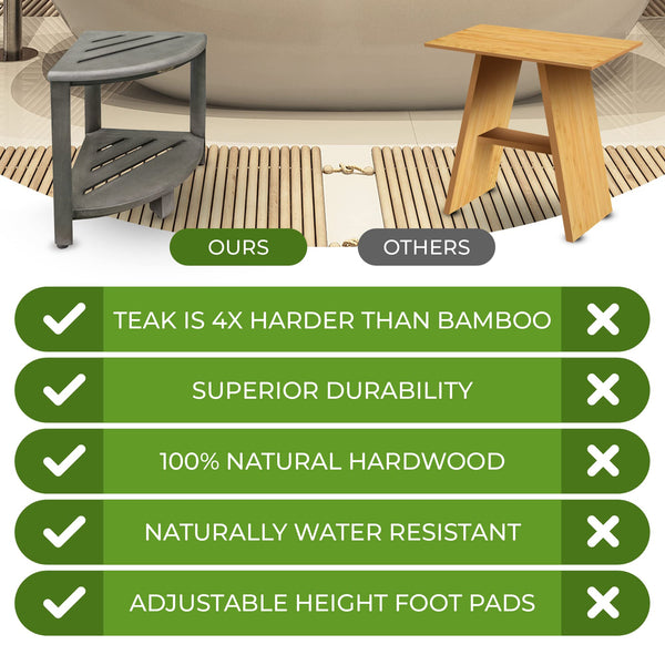 Corner Teak Wood Shower Bench with Two-Tier Shelf