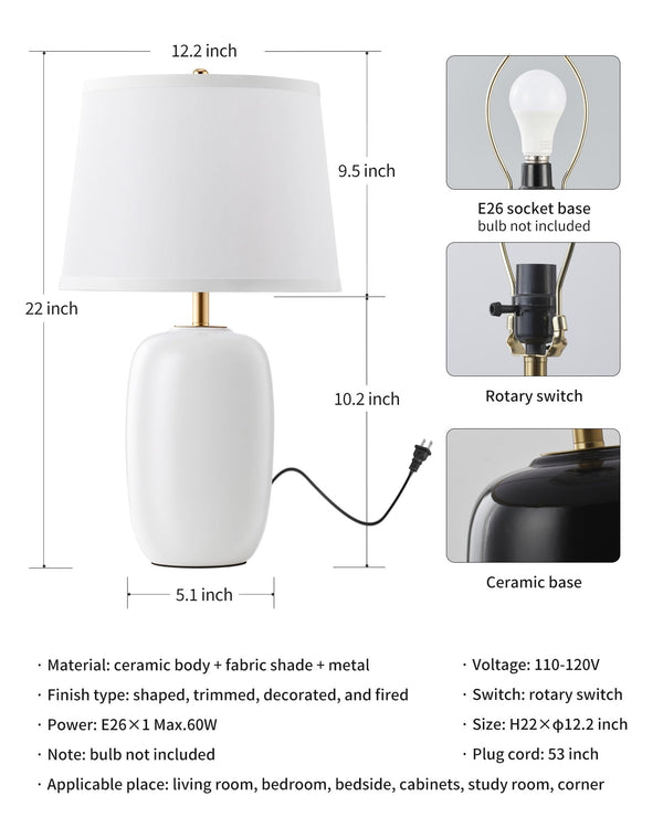 22-Inch Ceramic Table Lamps Set of 2 with Fabric Shade